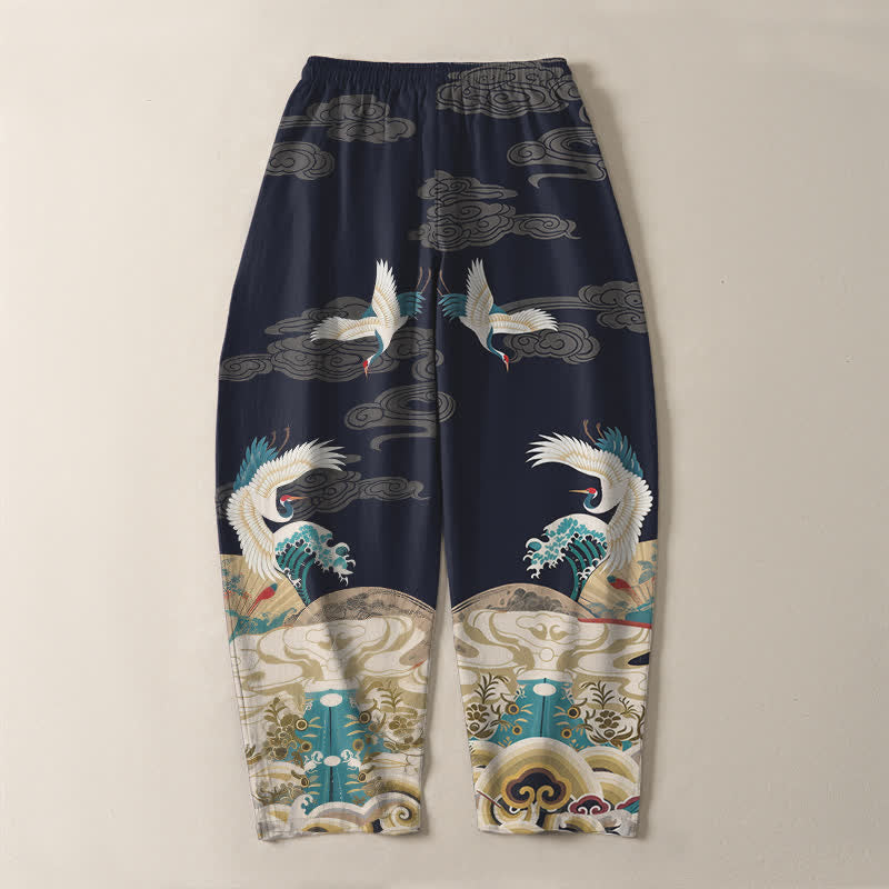 Buddha Stones Herrenhose aus reiner Baumwolle mit Kranich-, Wellen- und Wolkenmuster, Kordelzug, schmal zulaufendem Bein und Taschen - image 3