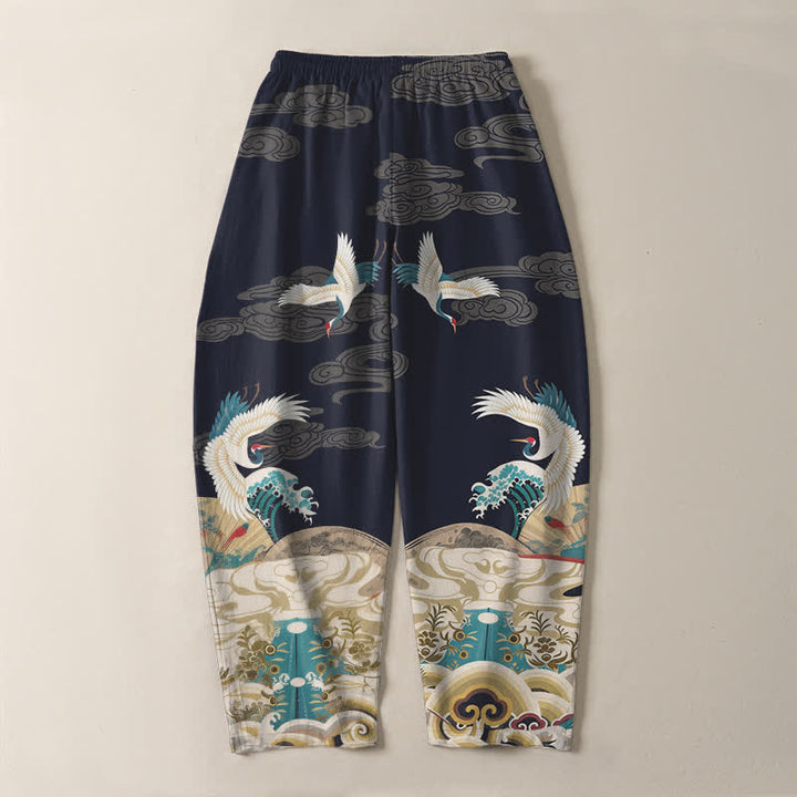 Buddha Stones Herrenhose aus reiner Baumwolle mit Kranich-, Wellen- und Wolkenmuster, Kordelzug, schmal zulaufendem Bein und Taschen - image 3