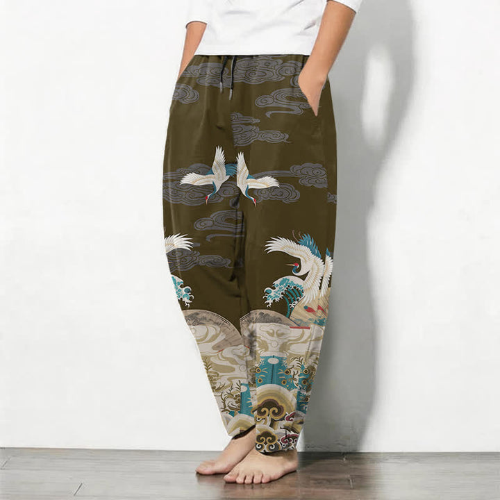 Buddha Stones Herrenhose aus reiner Baumwolle mit Kranich-, Wellen- und Wolkenmuster, Kordelzug, schmal zulaufendem Bein und Taschen - image 12