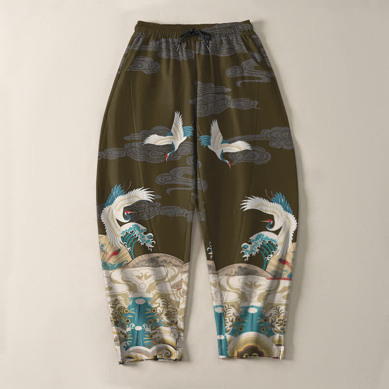 Buddha Stones Herrenhose aus reiner Baumwolle mit Kranich-, Wellen- und Wolkenmuster, Kordelzug, schmal zulaufendem Bein und Taschen - image 13