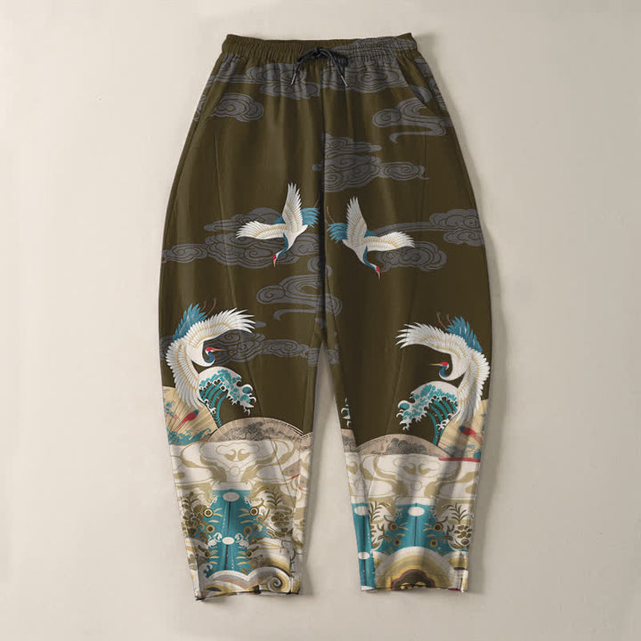 Buddha Stones Herrenhose aus reiner Baumwolle mit Kranich-, Wellen- und Wolkenmuster, Kordelzug, schmal zulaufendem Bein und Taschen - image 13