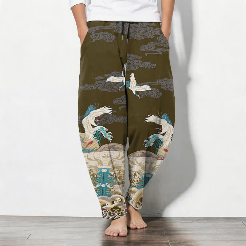 Buddha Stones Herrenhose aus reiner Baumwolle mit Kranich-, Wellen- und Wolkenmuster, Kordelzug, schmal zulaufendem Bein und Taschen - Olive - US/ UK/AU50, EU60 (5XL) - image 11