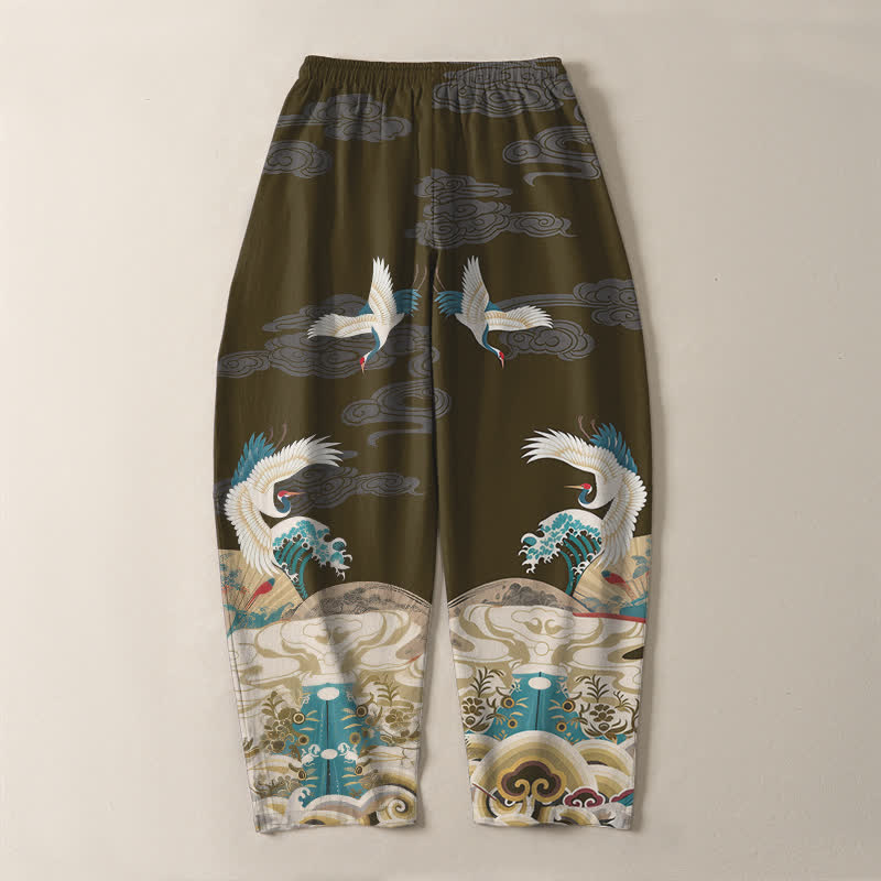 Buddha Stones Herrenhose aus reiner Baumwolle mit Kranich-, Wellen- und Wolkenmuster, Kordelzug, schmal zulaufendem Bein und Taschen - image 14