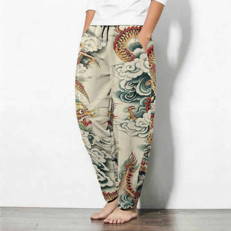 Buddha Stones Herrenhose aus reiner Baumwolle mit Wolken-Drachen-Muster, Kordelzug, schmal zulaufendem Schnitt und Taschen - image 1