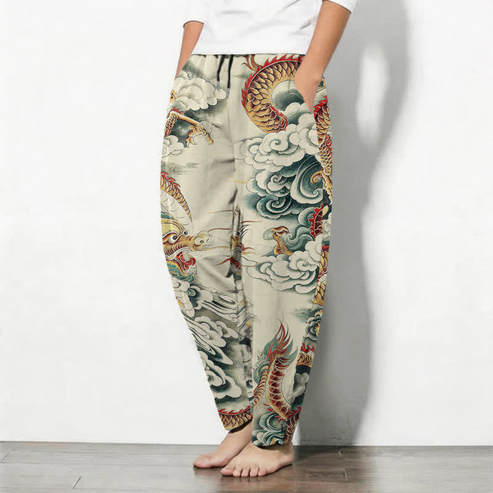 Buddha Stones Herrenhose aus reiner Baumwolle mit Wolken-Drachen-Muster, Kordelzug, schmal zulaufendem Schnitt und Taschen - image 1