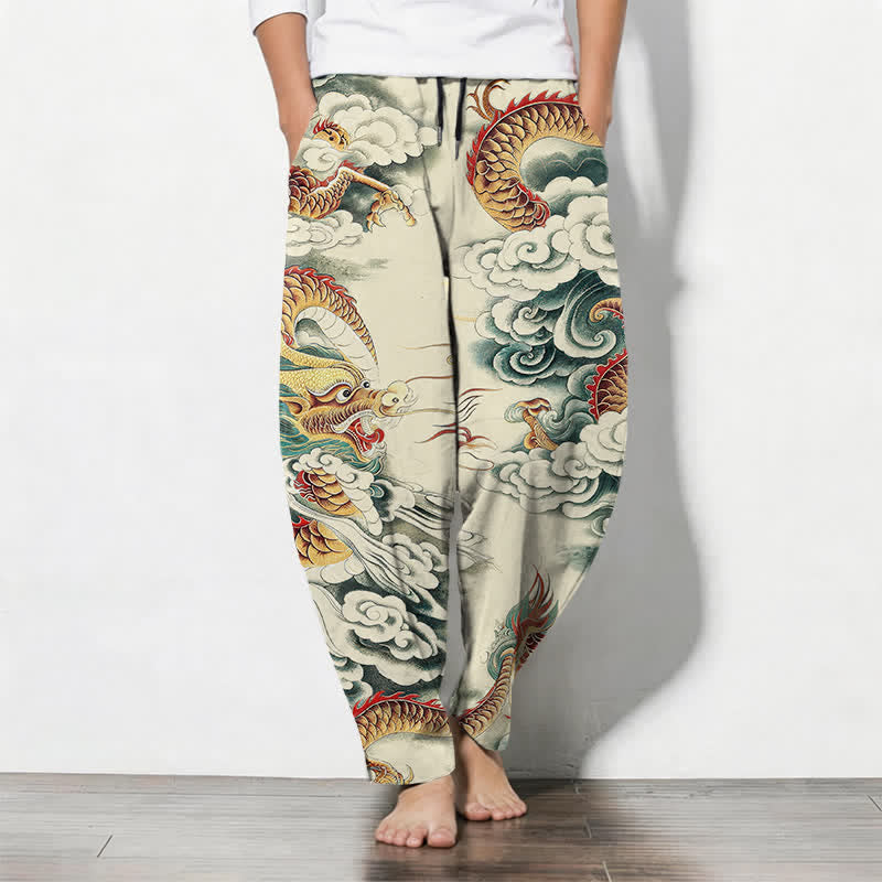 Buddha Stones Herrenhose aus reiner Baumwolle mit Wolken-Drachen-Muster, Kordelzug, schmal zulaufendem Schnitt und Taschen - Beige - US/ UK/AU50, EU60 (5XL) - image 0