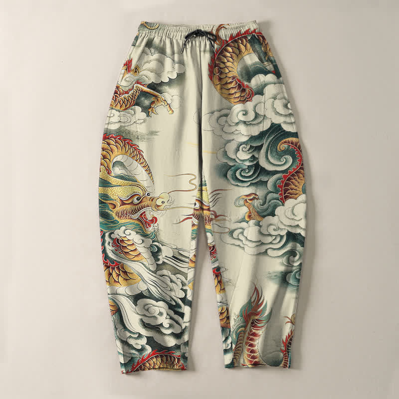 Buddha Stones Herrenhose aus reiner Baumwolle mit Wolken-Drachen-Muster, Kordelzug, schmal zulaufendem Schnitt und Taschen - image 2