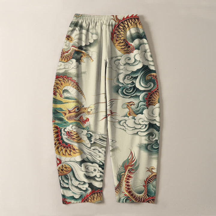 Buddha Stones Herrenhose aus reiner Baumwolle mit Wolken-Drachen-Muster, Kordelzug, schmal zulaufendem Schnitt und Taschen - image 3