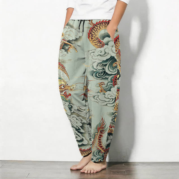 Buddha Stones Herrenhose aus reiner Baumwolle mit Wolken-Drachen-Muster, Kordelzug, schmal zulaufendem Schnitt und Taschen - image 8