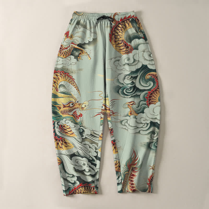 Buddha Stones Herrenhose aus reiner Baumwolle mit Wolken-Drachen-Muster, Kordelzug, schmal zulaufendem Schnitt und Taschen - image 9