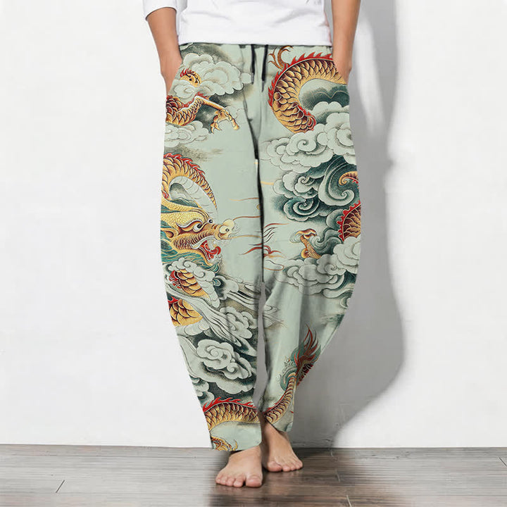 Buddha Stones Herrenhose aus reiner Baumwolle mit Wolken-Drachen-Muster, Kordelzug, schmal zulaufendem Schnitt und Taschen - Hellgrün - US/ UK/AU50, EU60 (5XL) - image 7