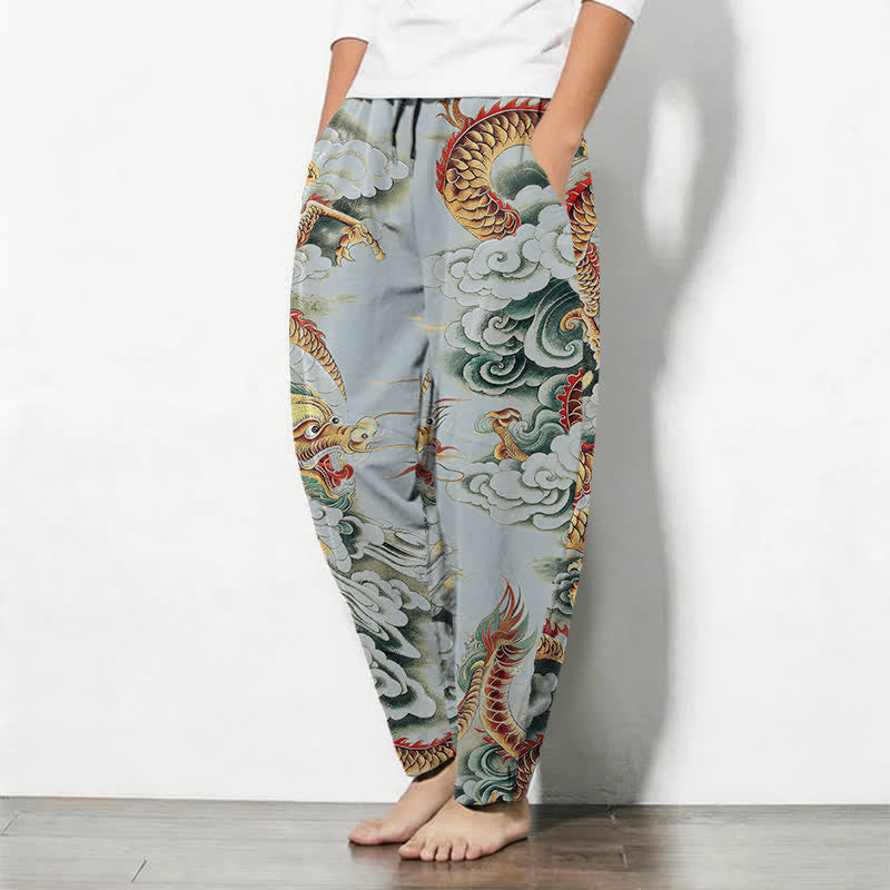 Buddha Stones Herrenhose aus reiner Baumwolle mit Wolken-Drachen-Muster, Kordelzug, schmal zulaufendem Schnitt und Taschen - image 12