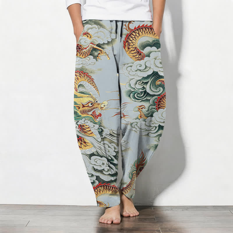Buddha Stones Herrenhose aus reiner Baumwolle mit Wolken-Drachen-Muster, Kordelzug, schmal zulaufendem Schnitt und Taschen - Hellblau - US/ UK/AU50, EU60 (5XL) - image 11