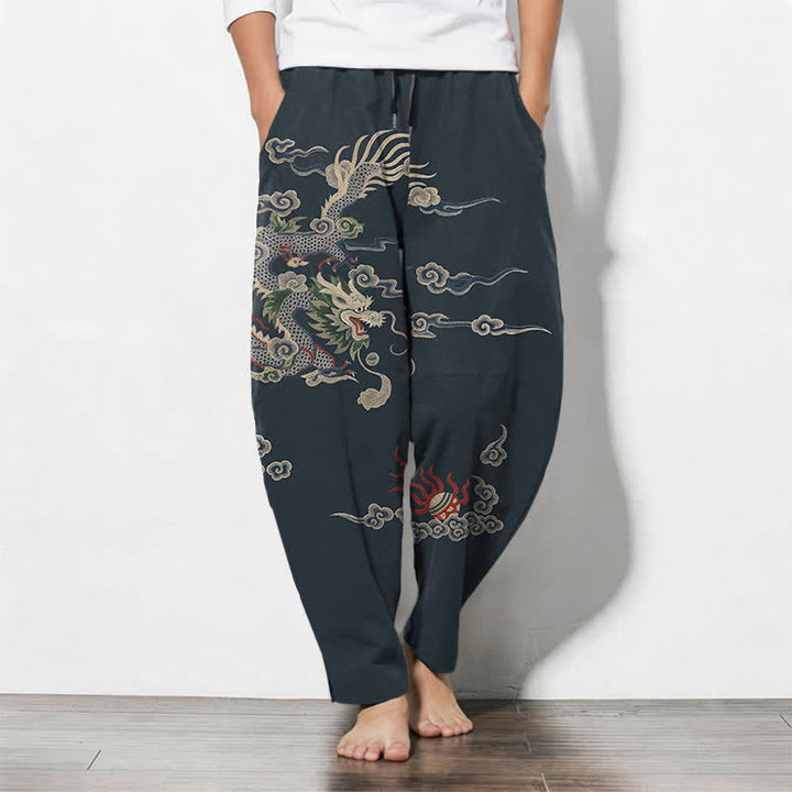 Buddha Stones Herrenhose aus reiner Baumwolle mit Drachen-, Wolken- und Feuerballmuster, Kordelzug, schmal zulaufendem Schnitt und Taschen - Marine - US/ UK/AU50, EU60 (5XL) - image 0