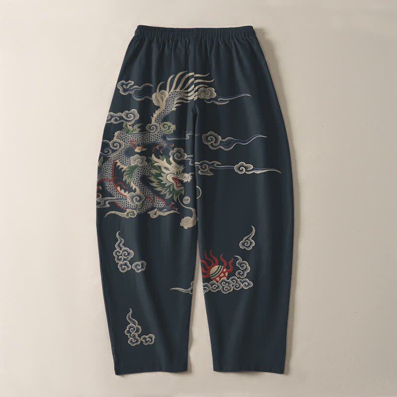 Buddha Stones Herrenhose aus reiner Baumwolle mit Drachen-, Wolken- und Feuerballmuster, Kordelzug, schmal zulaufendem Schnitt und Taschen - image 3