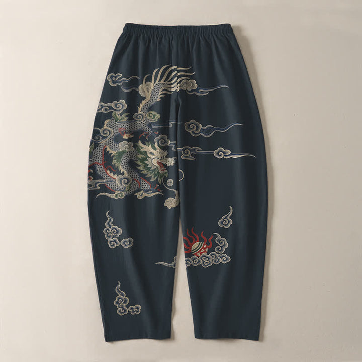 Buddha Stones Herrenhose aus reiner Baumwolle mit Drachen-, Wolken- und Feuerballmuster, Kordelzug, schmal zulaufendem Schnitt und Taschen - image 3