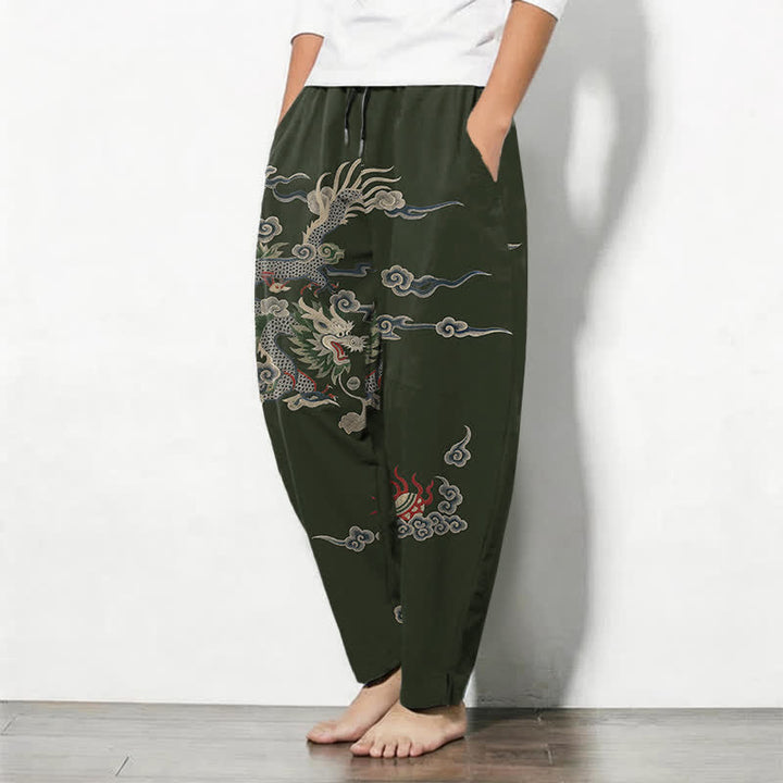 Buddha Stones Herrenhose aus reiner Baumwolle mit Drachen-, Wolken- und Feuerballmuster, Kordelzug, schmal zulaufendem Schnitt und Taschen - image 8