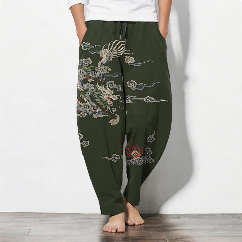 Buddha Stones Herrenhose aus reiner Baumwolle mit Drachen-, Wolken- und Feuerballmuster, Kordelzug, schmal zulaufendem Schnitt und Taschen - Dunkelgrün - US/ UK/AU50, EU60 (5XL) - image 7