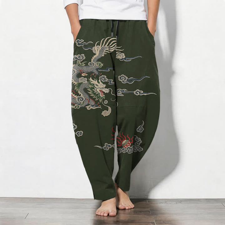 Buddha Stones Herrenhose aus reiner Baumwolle mit Drachen-, Wolken- und Feuerballmuster, Kordelzug, schmal zulaufendem Schnitt und Taschen - Dunkelgrün - US/ UK/AU50, EU60 (5XL) - image 7