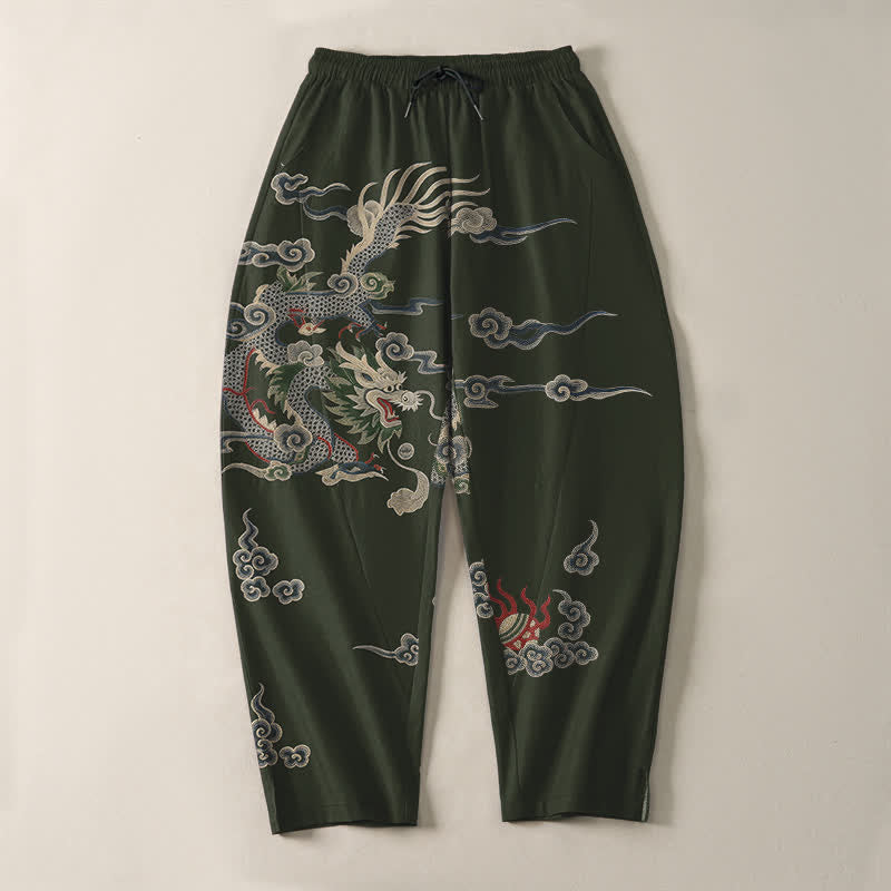 Buddha Stones Herrenhose aus reiner Baumwolle mit Drachen-, Wolken- und Feuerballmuster, Kordelzug, schmal zulaufendem Schnitt und Taschen - image 9