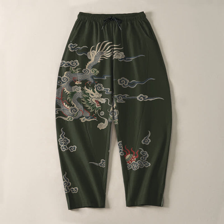 Buddha Stones Herrenhose aus reiner Baumwolle mit Drachen-, Wolken- und Feuerballmuster, Kordelzug, schmal zulaufendem Schnitt und Taschen - image 9