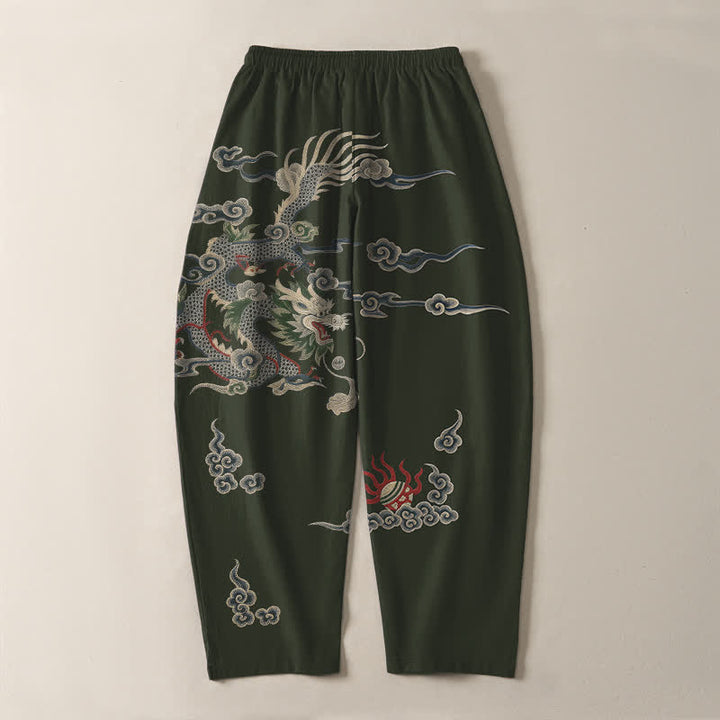 Buddha Stones Herrenhose aus reiner Baumwolle mit Drachen-, Wolken- und Feuerballmuster, Kordelzug, schmal zulaufendem Schnitt und Taschen - image 10