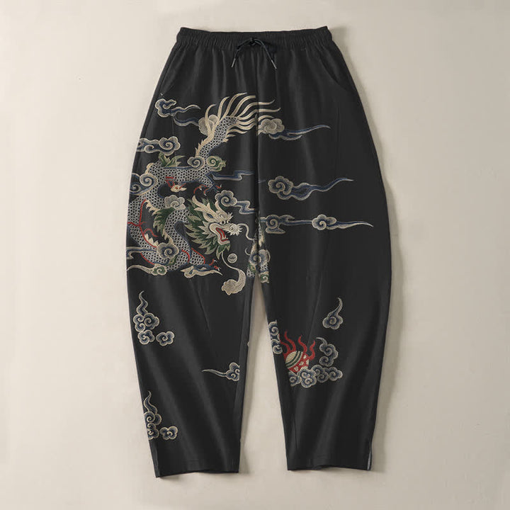 Buddha Stones Herrenhose aus reiner Baumwolle mit Drachen-, Wolken- und Feuerballmuster, Kordelzug, schmal zulaufendem Schnitt und Taschen - image 13