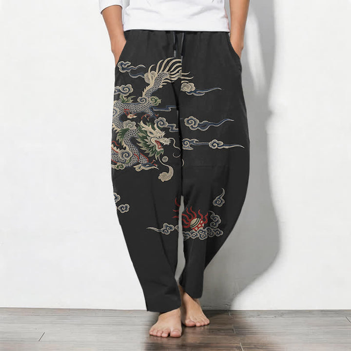 Buddha Stones Herrenhose aus reiner Baumwolle mit Drachen-, Wolken- und Feuerballmuster, Kordelzug, schmal zulaufendem Schnitt und Taschen - Schwarz - US/ UK/AU50, EU60 (5XL) - image 11