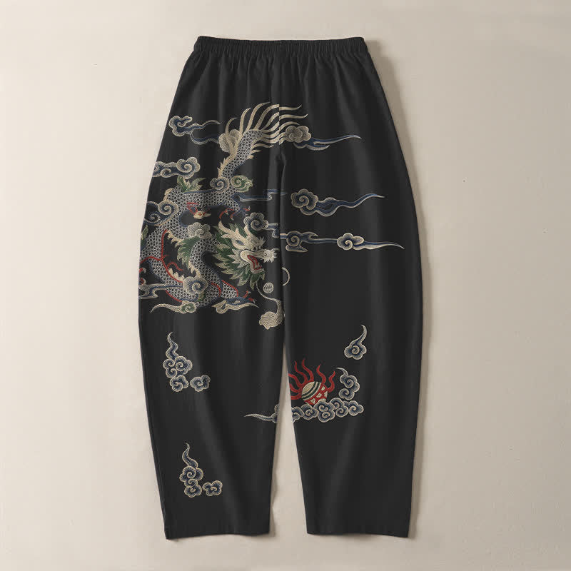 Buddha Stones Herrenhose aus reiner Baumwolle mit Drachen-, Wolken- und Feuerballmuster, Kordelzug, schmal zulaufendem Schnitt und Taschen - image 14