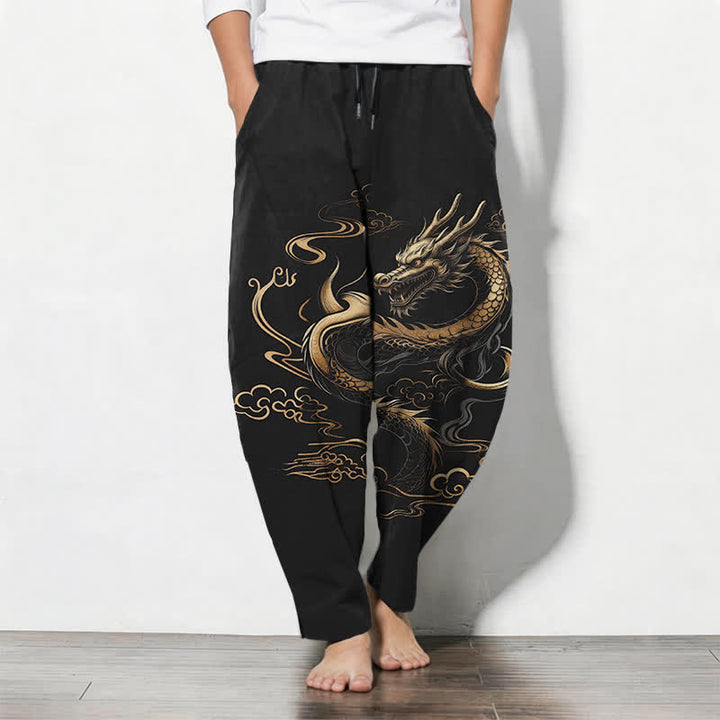 Buddha Stones Herrenhose aus reiner Baumwolle mit goldenem Drachen- und Wolkenmuster, Kordelzug, schmal zulaufendem Schnitt und Taschen - Schwarz - US/ UK/AU50, EU60 (5XL) - image 0