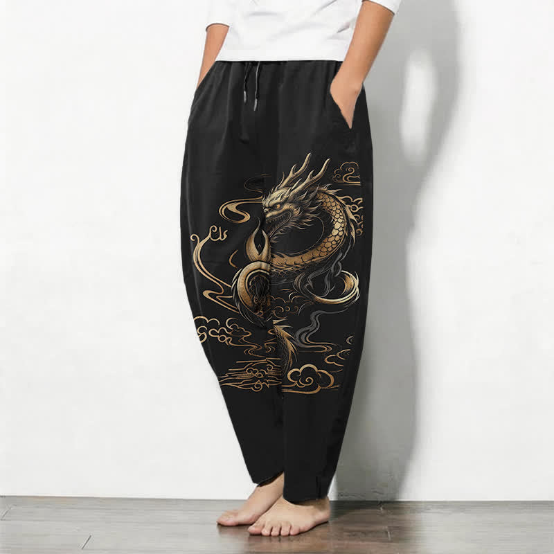 Buddha Stones Herrenhose aus reiner Baumwolle mit goldenem Drachen- und Wolkenmuster, Kordelzug, schmal zulaufendem Schnitt und Taschen - image 1