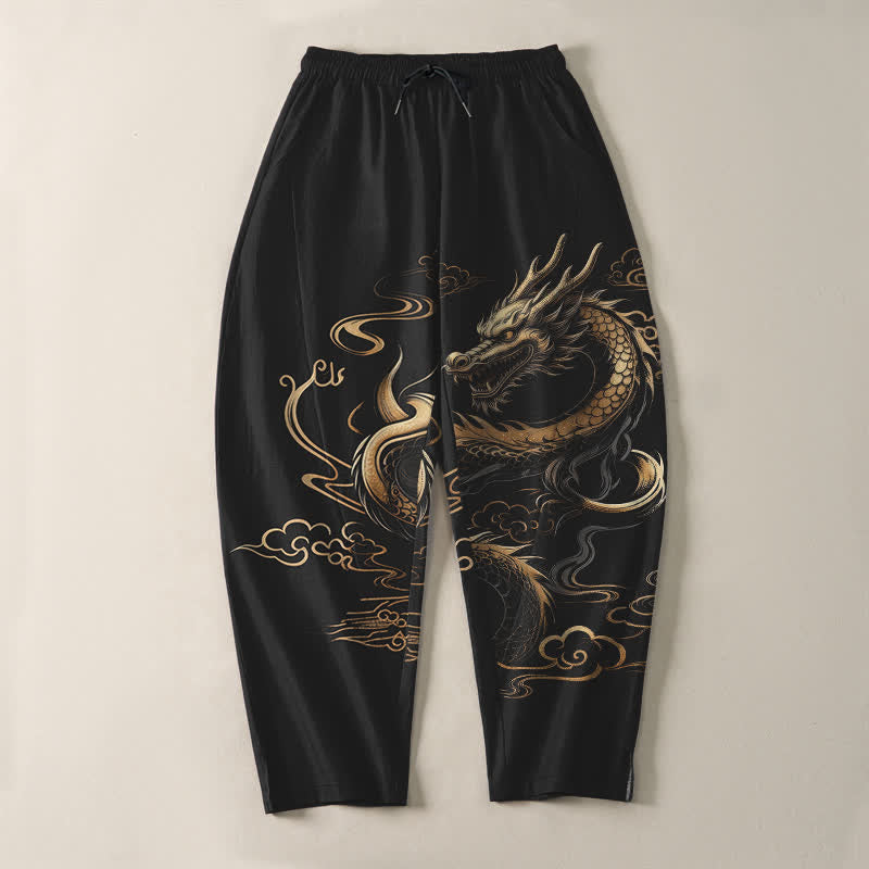 Buddha Stones Herrenhose aus reiner Baumwolle mit goldenem Drachen- und Wolkenmuster, Kordelzug, schmal zulaufendem Schnitt und Taschen - image 2