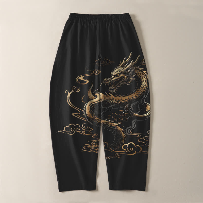 Buddha Stones Herrenhose aus reiner Baumwolle mit goldenem Drachen- und Wolkenmuster, Kordelzug, schmal zulaufendem Schnitt und Taschen - image 3