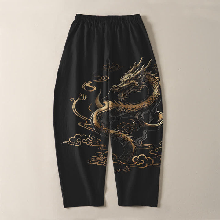 Buddha Stones Herrenhose aus reiner Baumwolle mit goldenem Drachen- und Wolkenmuster, Kordelzug, schmal zulaufendem Schnitt und Taschen - image 3