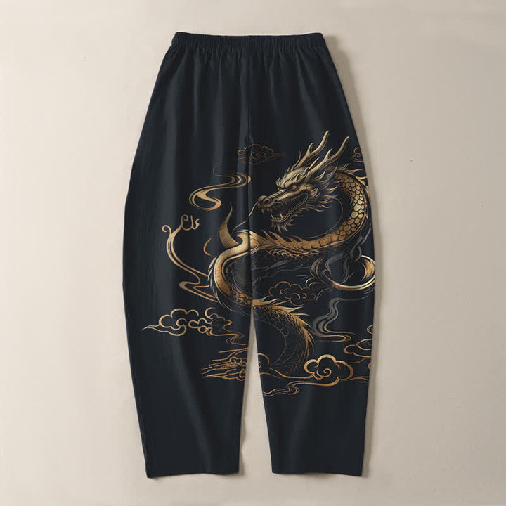 Buddha Stones Herrenhose aus reiner Baumwolle mit goldenem Drachen- und Wolkenmuster, Kordelzug, schmal zulaufendem Schnitt und Taschen - image 10