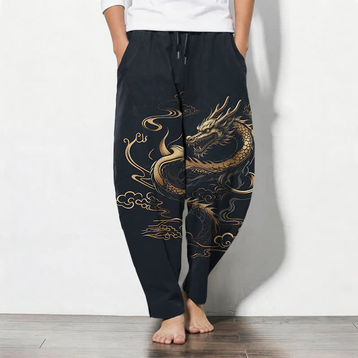 Buddha Stones Herrenhose aus reiner Baumwolle mit goldenem Drachen- und Wolkenmuster, Kordelzug, schmal zulaufendem Schnitt und Taschen - Mitternachtsblau - US/ UK/AU50, EU60 (5XL) - image 7