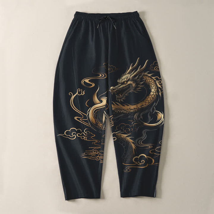 Buddha Stones Herrenhose aus reiner Baumwolle mit goldenem Drachen- und Wolkenmuster, Kordelzug, schmal zulaufendem Schnitt und Taschen - image 9