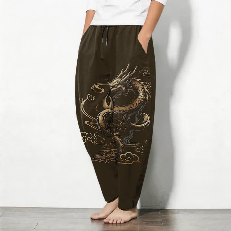 Buddha Stones Herrenhose aus reiner Baumwolle mit goldenem Drachen- und Wolkenmuster, Kordelzug, schmal zulaufendem Schnitt und Taschen - image 12