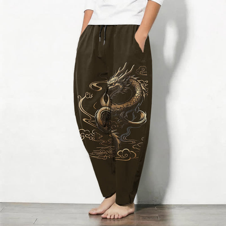 Buddha Stones Herrenhose aus reiner Baumwolle mit goldenem Drachen- und Wolkenmuster, Kordelzug, schmal zulaufendem Schnitt und Taschen - image 12