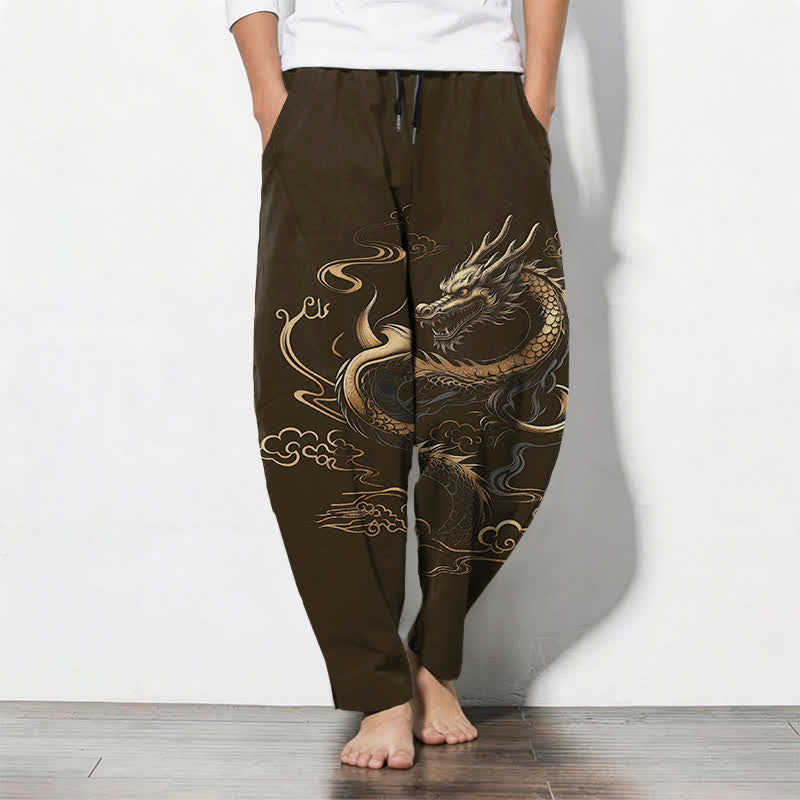 Buddha Stones Herrenhose aus reiner Baumwolle mit goldenem Drachen- und Wolkenmuster, Kordelzug, schmal zulaufendem Schnitt und Taschen - Dunkelolivgrün - US/ UK/AU50, EU60 (5XL) - image 11