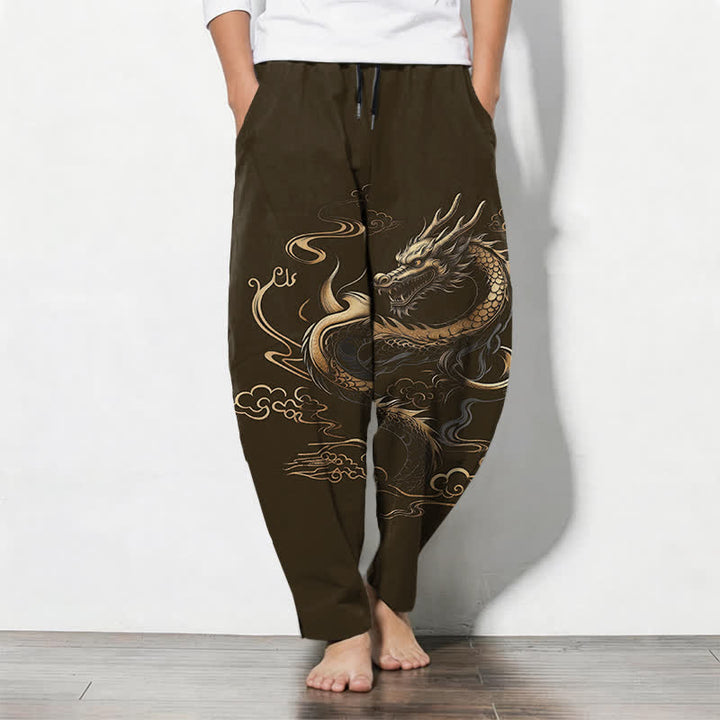 Buddha Stones Herrenhose aus reiner Baumwolle mit goldenem Drachen- und Wolkenmuster, Kordelzug, schmal zulaufendem Schnitt und Taschen - Dunkelolivgrün - US/ UK/AU50, EU60 (5XL) - image 11
