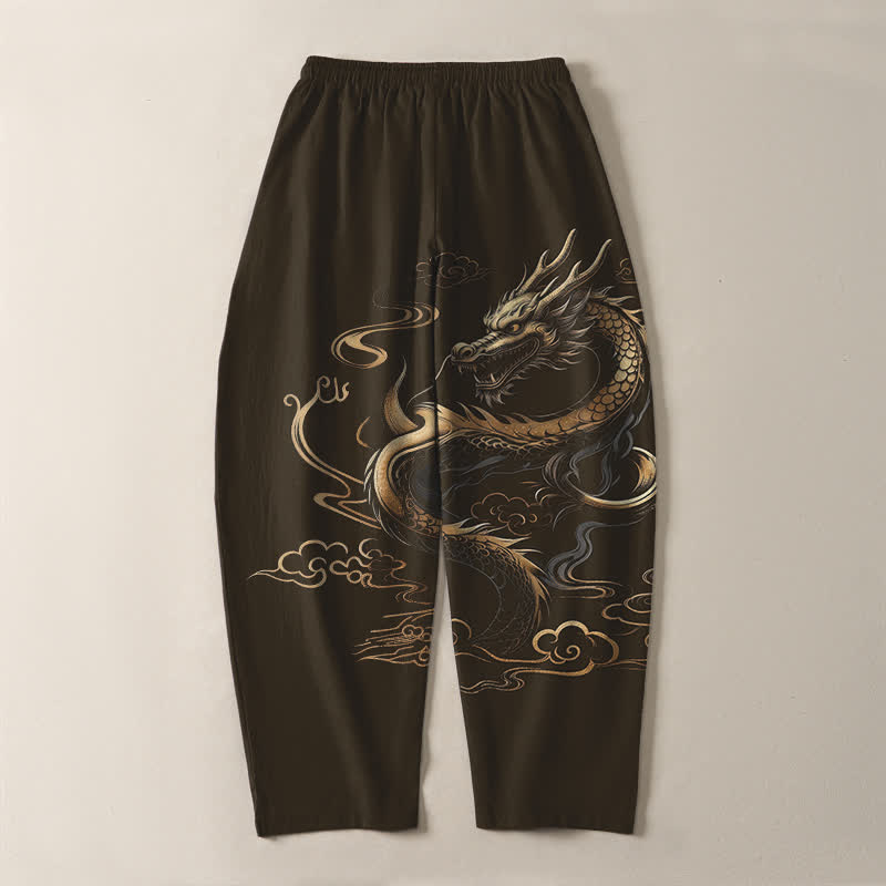 Buddha Stones Herrenhose aus reiner Baumwolle mit goldenem Drachen- und Wolkenmuster, Kordelzug, schmal zulaufendem Schnitt und Taschen - image 14