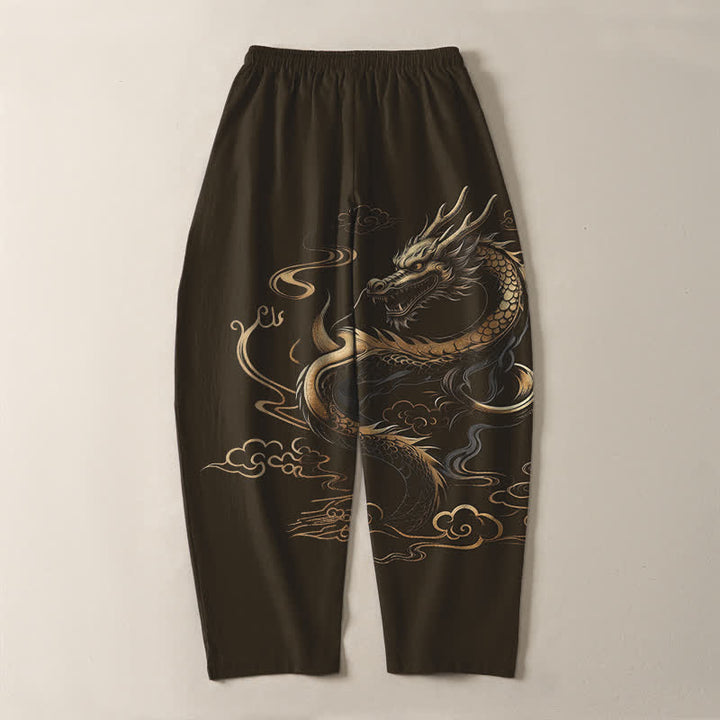 Buddha Stones Herrenhose aus reiner Baumwolle mit goldenem Drachen- und Wolkenmuster, Kordelzug, schmal zulaufendem Schnitt und Taschen - image 14