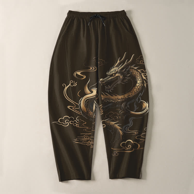 Buddha Stones Herrenhose aus reiner Baumwolle mit goldenem Drachen- und Wolkenmuster, Kordelzug, schmal zulaufendem Schnitt und Taschen - image 13