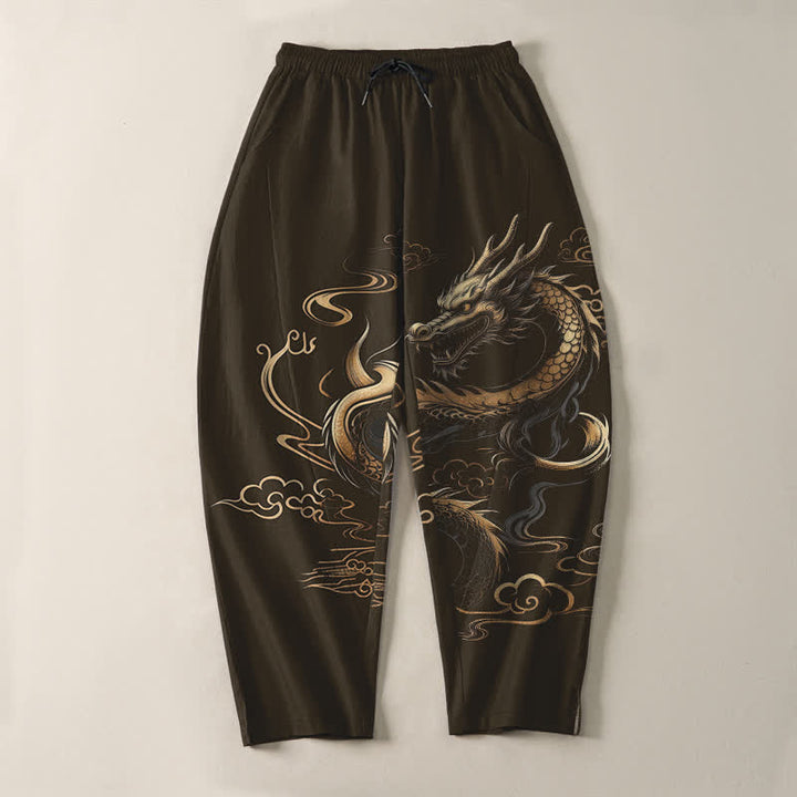 Buddha Stones Herrenhose aus reiner Baumwolle mit goldenem Drachen- und Wolkenmuster, Kordelzug, schmal zulaufendem Schnitt und Taschen - image 13