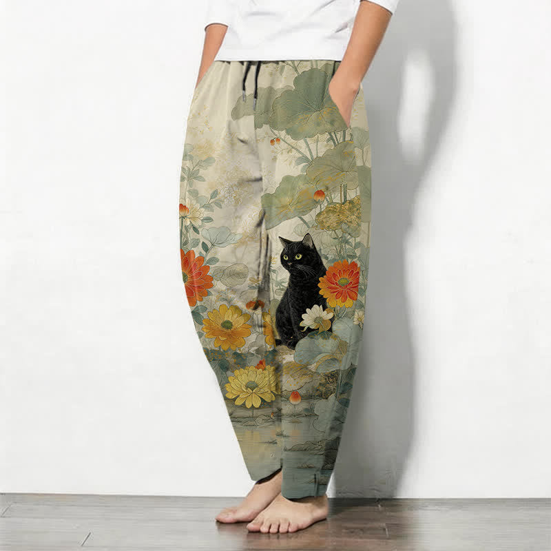 Buddha Stones Herrenhose aus reiner Baumwolle mit orientalischem Katzen- und Blumenmuster, Kordelzug, schmal zulaufendem Schnitt und Taschen - image 1