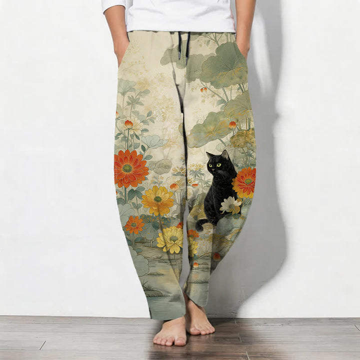Buddha Stones Herrenhose aus reiner Baumwolle mit orientalischem Katzen- und Blumenmuster, Kordelzug, schmal zulaufendem Schnitt und Taschen - Blassgoldenrode - US/ UK/AU50, EU60 (5XL) - image 0