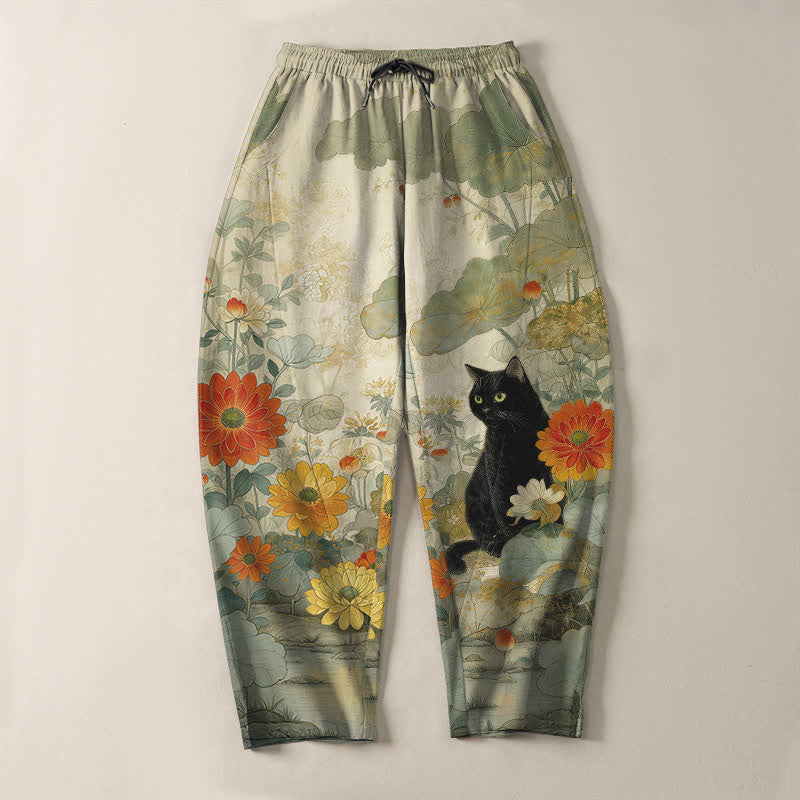 Buddha Stones Herrenhose aus reiner Baumwolle mit orientalischem Katzen- und Blumenmuster, Kordelzug, schmal zulaufendem Schnitt und Taschen - image 2