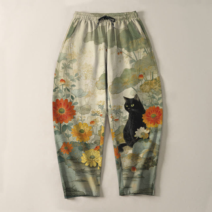 Buddha Stones Herrenhose aus reiner Baumwolle mit orientalischem Katzen- und Blumenmuster, Kordelzug, schmal zulaufendem Schnitt und Taschen - image 2
