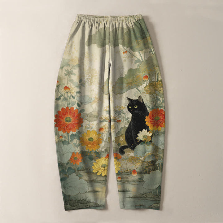 Buddha Stones Herrenhose aus reiner Baumwolle mit orientalischem Katzen- und Blumenmuster, Kordelzug, schmal zulaufendem Schnitt und Taschen - image 3